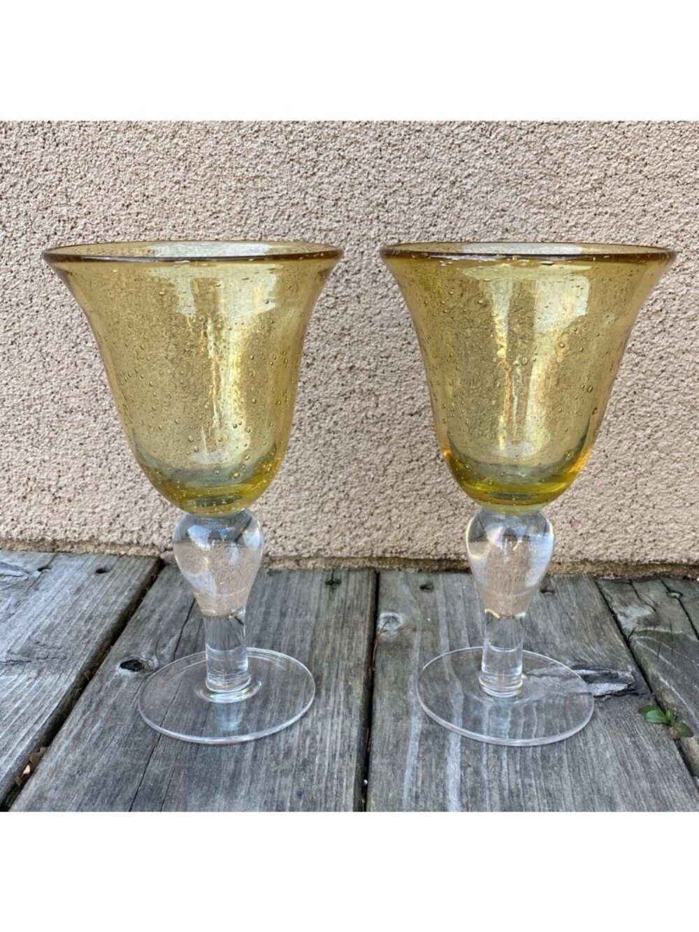 Artland Amber Gold Hand Blown Bubble 8” Water Wine Goblets - Set of 2